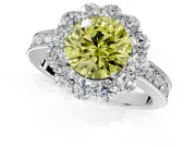 Halo Engagement Ring Setting for Fancy Yellow Round Cut Center with Milgrain Channel Band and Prong Head in Platinum