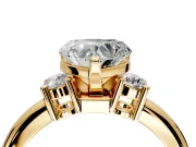 3 Stone Engagement Ring Setting for Heart-Shaped Center with Wide Plain Band and Prong Head in Yellow Gold