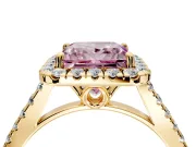 Halo Engagement Ring Setting for Fancy Pink Princess Cut Center with Raised Halo, Pave Band and Prong Head in Yellow Gold