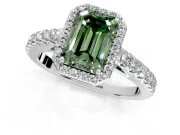 Halo Engagement Ring Setting for Fancy Green Emerald Cut Center with Full Pave Band and Prong Head in Sterling Silver