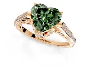 Cathedral Engagement Ring Setting for Fancy Green Heart-Shaped Center with Antique-Style Pave Band and Prong Head in Rose Gold