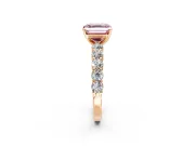 Shared-Prong Engagement Ring Setting for Fancy Pink Asscher Cut Center with Graduated Accents and Prong Head in Rose Gold