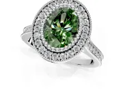 Halo Engagement Ring Setting for Fancy Green Oval Center with Milgrain Frame, Pave Band and Prong Head in Platinum