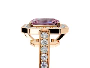 Bezel-Framed Halo Engagement Ring Setting for Fancy Pink Emerald Cut Center with Pave Band and Prong Head in Rose Gold