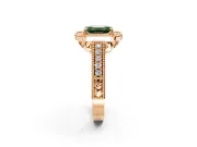 Milgrain Halo Engagement Ring Setting for Fancy Green Emerald Cut Center with Pave Band and Prong Head in Rose Gold
