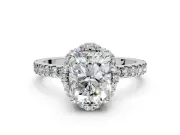 Halo Engagement Ring Setting for Radiant Cut Center with Openwork Halo, Pave Band and Prong Head in Sterling Silver