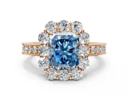 Halo Engagement Ring Setting for Fancy Blue Radiant Cut Center with Milgrain Channel Band and Prong Head in Rose Gold