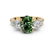 3 Stone Engagement Ring Setting for Fancy Green Oval Center with Crossover Basket, Pave Band and Prong Head in Yellow Gold