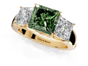 3 Stone Engagement Ring Setting for Fancy Green Princess Cut Center with Raised Basket Heads and Prong Head in Yellow Gold