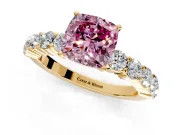 Shared-Prong Engagement Ring Setting for Fancy Pink Cushion Cut Center with Graduated Accents and Prong Head in Yellow Gold
