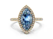 Halo Engagement Ring Setting for Fancy Blue Marquise Center with Pave Accents, Heart Basket and Prong Head in Yellow Gold
