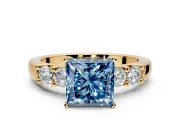 5 Stone Engagement Ring Setting for Fancy Blue Princess Cut Center with Plain Band and Prong Head in Yellow Gold