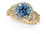Milgrain Halo Engagement Ring Setting for Fancy Blue Round Cut Center with Shoulder Bezels and Prong Head in Yellow Gold