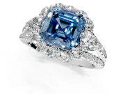 Halo Engagement Ring Setting for Fancy Blue Asscher Cut Center with Two-Strand Split Shank and Prong Head in Platinum
