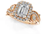 Milgrain Halo Engagement Ring Setting for Emerald Cut Center with Shoulder Bezels and Prong Head in Rose Gold