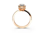 Halo Engagement Ring Setting for Emerald Cut Center with Openwork Halo, Pave Band and Prong Head in Rose Gold