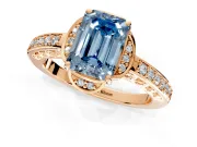 Floral Engagement Ring Setting for Fancy Blue Emerald Cut Center with Four Accent Clusters and Prong Head in Rose Gold