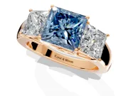 3 Stone Engagement Ring Setting for Fancy Blue Princess Cut Center with Raised Basket Heads and Prong Head in Rose Gold