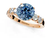 5 Stone Engagement Ring Setting for Fancy Blue Round Cut Center with Plain Band and Prong Head in Rose Gold