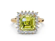 Starburst Halo Engagement Ring Setting for Fancy Yellow Asscher Cut Center with Thin Round-Wire Band and Prong Head in Yellow Gold