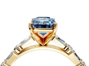 Baguette Engagement Ring Setting for Fancy Blue Emerald Cut Center with Alternating Bar-Set Band and Prong Head in Yellow Gold