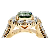 Large Accent Halo Engagement Ring Setting for Fancy Green Radiant Cut Center with Pave Split Shank and Prong Head in Yellow Gold