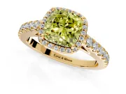 Halo Engagement Ring Setting for Fancy Yellow Cushion Cut Center with Full Pave Band and Prong Head in Yellow Gold