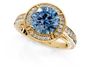 Halo Engagement Ring Setting for Fancy Blue Round Cut Center with Framed Halo, Pave Band and Prong Head in Yellow Gold