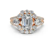 Halo Engagement Ring Setting for Emerald Cut Center with Two-Strand Split Shank and Prong Head in Rose Gold