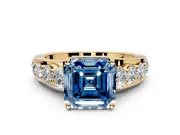 Solitaire Engagement Ring Setting for Fancy Blue Asscher Cut Center with Graduated Shared Prongs and Prong Head in Yellow Gold