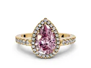 Accent Halo Engagement Ring Setting for Fancy Pink Pear-Shaped Center with Full-Length Pave Band and Prong Head in Yellow Gold