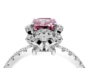 Halo Engagement Ring Setting for Fancy Pink Emerald Cut Center with Openwork Halo, Pave Band and Prong Head in Platinum