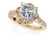 Floral Engagement Ring Setting for Princess Cut Center with Pave Band and Floral Prong Head in Yellow Gold