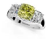 3 Stone Engagement Ring Setting for Fancy Yellow Cushion Cut Center with Raised Basket Heads and Prong Head in Platinum