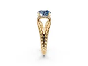 Halo Engagement Ring Setting for Fancy Blue Round Cut Center with Rope Twist Split Shank and Prong Head in Yellow Gold