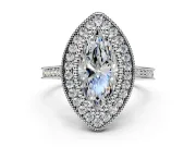 Halo Engagement Ring Setting for Marquise Center with Milgrain Frame, Pave Band and Prong Head in Platinum