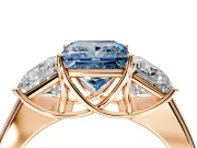 3 Stone Engagement Ring Setting for Fancy Blue Princess Cut Center with Raised Basket Heads and Prong Head in Rose Gold