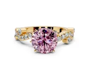 Solitaire Engagement Ring Setting for Fancy Pink Round Cut Center with Bar-Station Pave Twist and Prong Head in Yellow Gold