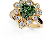 Cluster Halo Engagement Ring Setting for Fancy Green Heart-Shaped Center with Milgrain Bezel Accents and Prong Head in Yellow Gold
