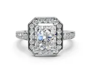 Bezel-Framed Halo Engagement Ring Setting for Radiant Cut Center with Pave Band and Prong Head in Platinum