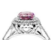 Double Halo Engagement Ring Setting for Fancy Pink Radiant Cut Center with Narrow Pave Split Shank and Prong Head in White Gold