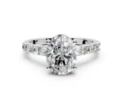 Baguette Engagement Ring Setting for Oval Center with Alternating Bar-Set Band and Prong Head in White Gold