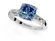 3 Stone Engagement Ring Setting for Fancy Blue Cushion Cut Center with Tapered Baguettes, Plain Band and Prong Head in Sterling Silver