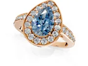 Bezel-Framed Halo Engagement Ring Setting for Fancy Blue Pear-Shaped Center with Pave Band and Prong Head in Rose Gold