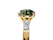 3 Stone Engagement Ring Setting for Fancy Green Round Cut Center with Tapered Baguettes, Plain Band and Prong Head in Yellow Gold