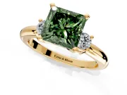 3 Stone Engagement Ring Setting for Fancy Green Princess Cut Center with Wide Plain Band and Prong Head in Yellow Gold