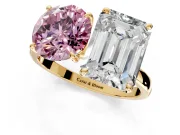 Fancy Pink Round Cut and Emerald Cut Lab-Grown Diamond Toi et Moi Engagement Ring with Prong-Set Stones in Yellow Gold