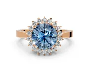 Starburst Halo Engagement Ring Setting for Fancy Blue Round Cut Center with Flat Cathedral Band and Prong Head in Rose Gold