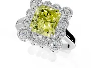 Cluster Halo Engagement Ring Setting for Fancy Yellow Radiant Cut Center with Milgrain Bezel Accents and Prong Head in Platinum