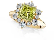Small-Accent Cluster Halo Engagement Ring Setting for Fancy Yellow Princess Cut Center with Plain Band and Prong Head in Yellow Gold